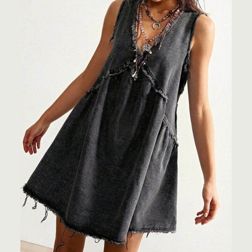 Charcoal Denim Mini Dress with Distressed Edges - Picture 5 of 7